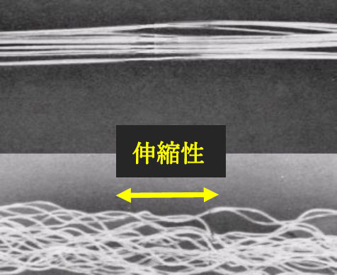 図6.フィラメント糸(上)と合繊加工糸(下)