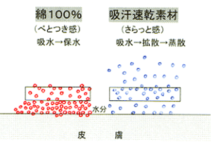 図9.綿素材と吸汗速乾素材の吸汗速乾機能の比較