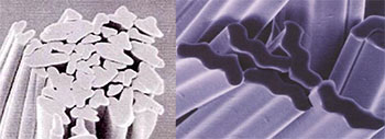 図6　代表的な吸汗速乾用異形断面糸の比較 左:ルミエース® (ユニチカトレーディング) 右:テクノファイン® (旭化成せんい)