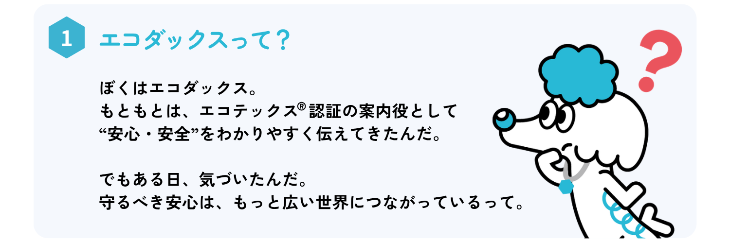 ぼくはエコダックス。
もともとは、エコテックス®認証の案内役として
“安心・安全”をわかりやすく伝えてきたんだ。

でもある日、気づいたんだ。
守るべき安心は、もっと広い世界につながっているって。