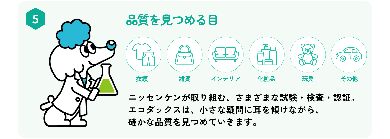 ニッセンケンが取り組む、さまざまな試験・検査・認証。
エコダックスは、小さな疑問に耳を傾けながら、
確かな品質を見つめていきます。